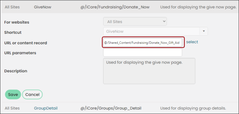 Give Now shortcut in edit mode with emphasis around URL or content record field