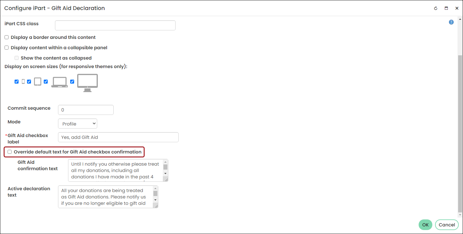 Gift Aid Declaration content item window with emphasis around the "Override default text for Gift Aid checkbox confirmation" setting