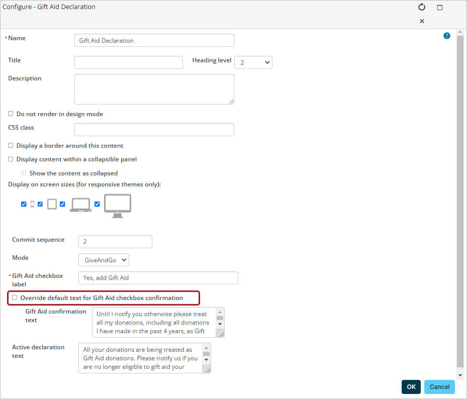 Gift Aid Declaration content item window with emphasis around the "Override default text for Gift Aid checkbox confirmation" setting