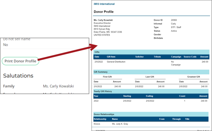 Printing the donor profile