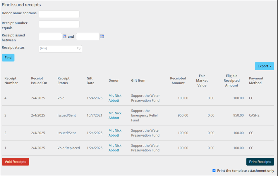 Find issued receipts window