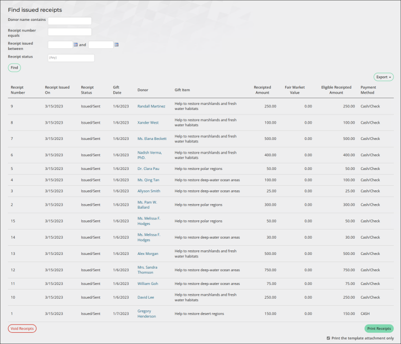 Find issued receipts window