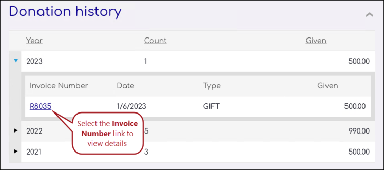 Selecting the invoice number from the donation history