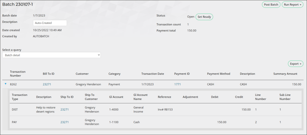 Batch window with transaction expanded for more details