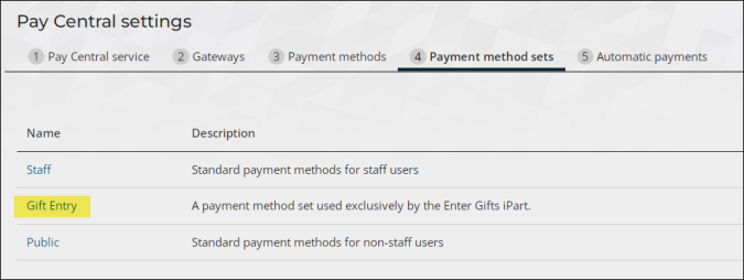 Gift Entry payment method set