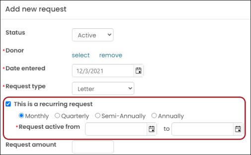 Add new request window with emphasis around the "This is a recurring request" checkbox
