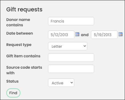 Search options for finding a gift request