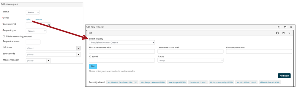 Selecting the donor from the "Add new request" window