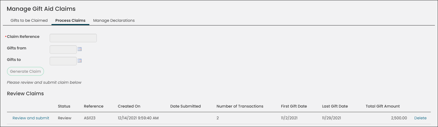 Process Claims tab