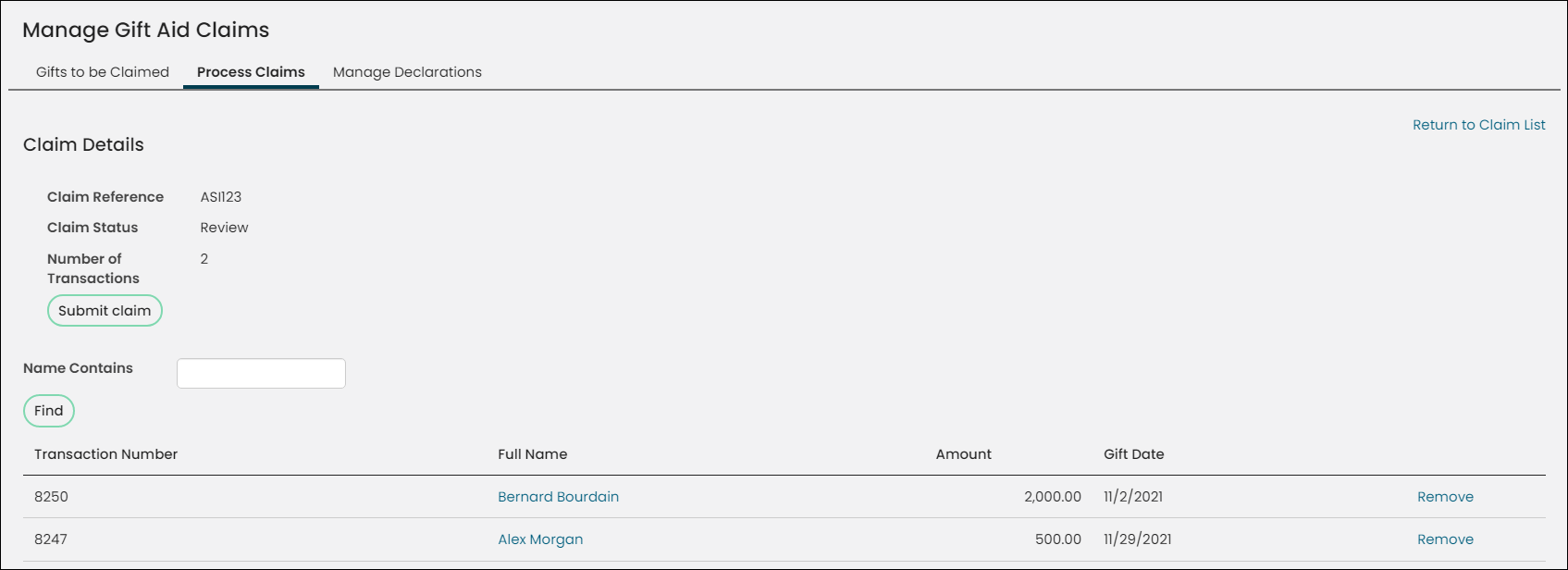 Process claims tab with transactions in view