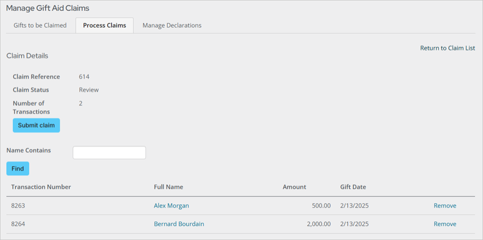 Process claims tab with transactions in view