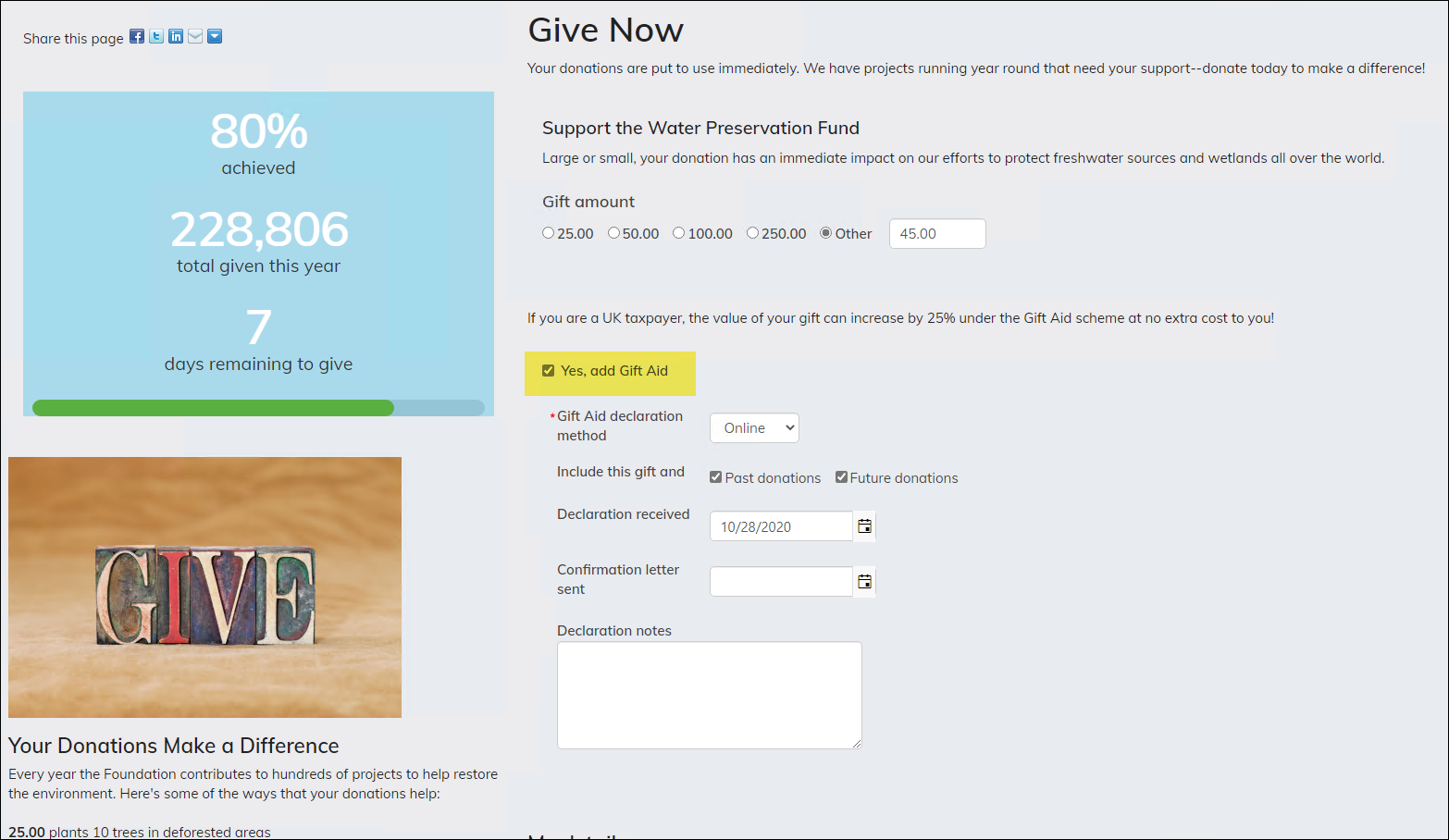 Give Now page with emphasis on the "Yes, add Gift Aid" checkbox