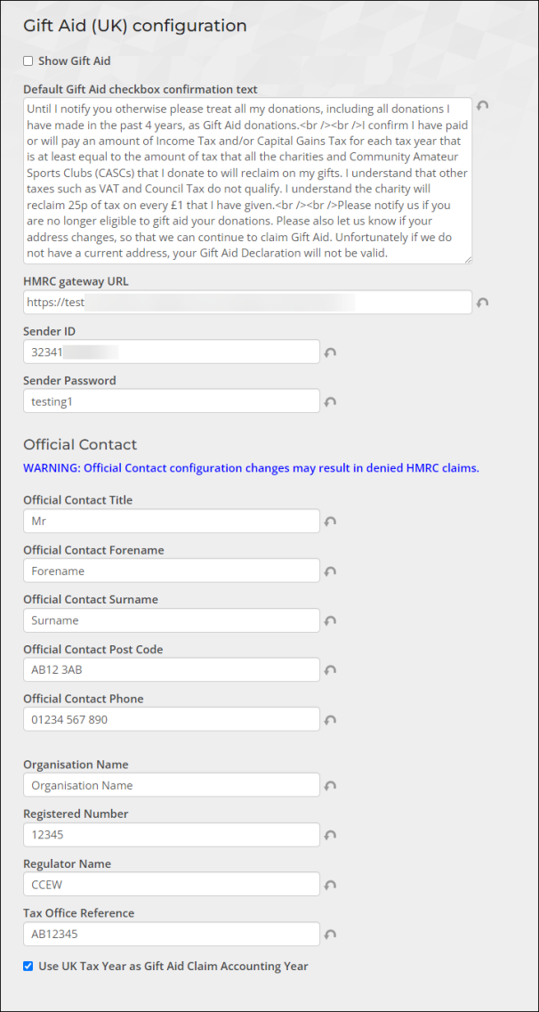 Viewing Gift Aid (UK) configuration