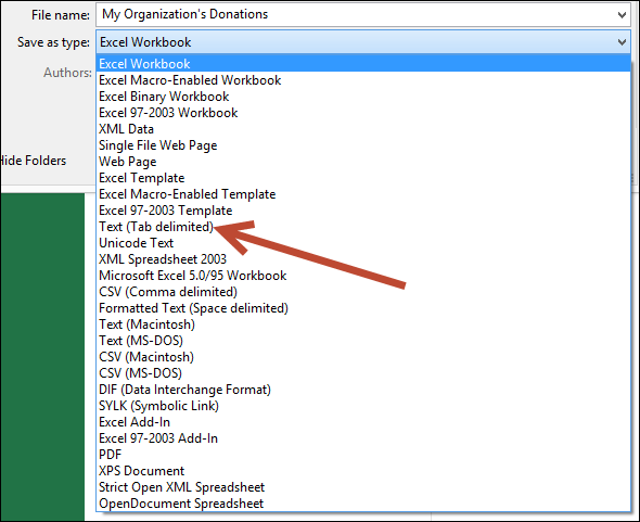 Selecting text tab delimited as the save option