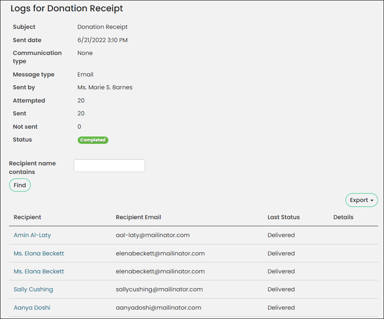 Logs window for specific donation receipt