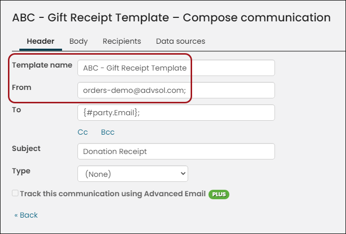 Communication header tab with box around template name and from fields