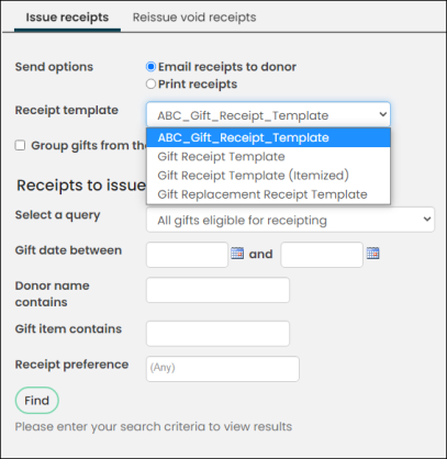 Custom templates now appear in the receipt template drop-down