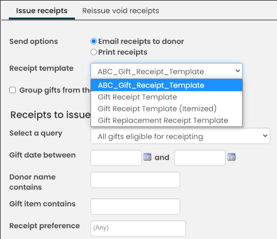 Custom templates now appear in the receipt template drop-down