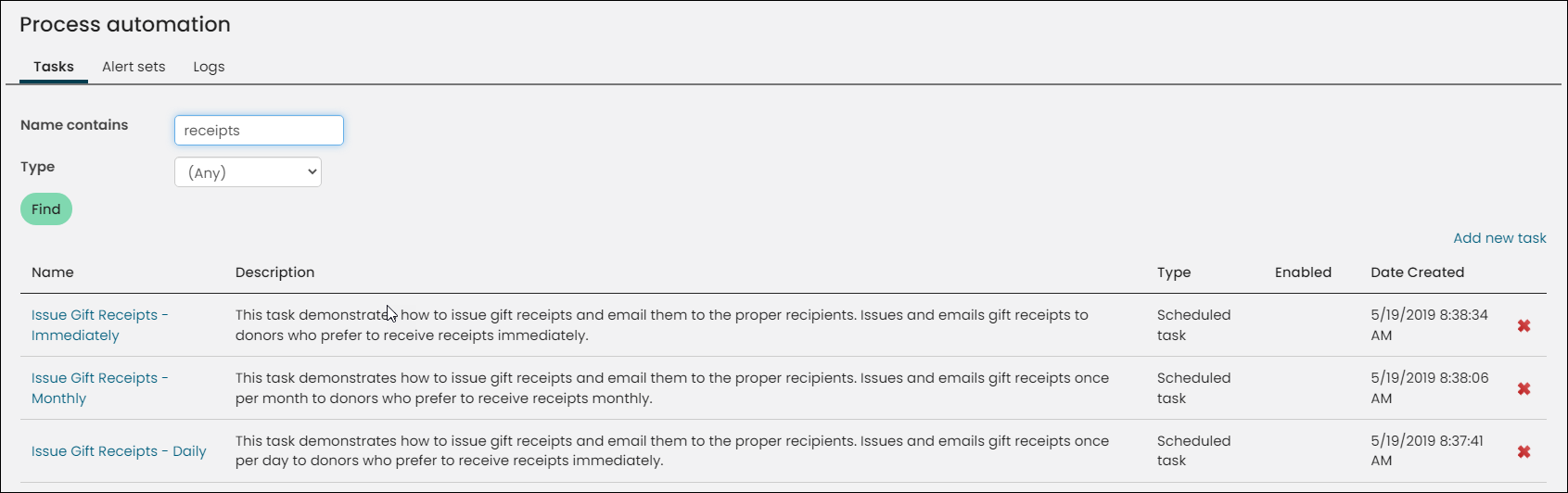 Gift receipt automated tasks