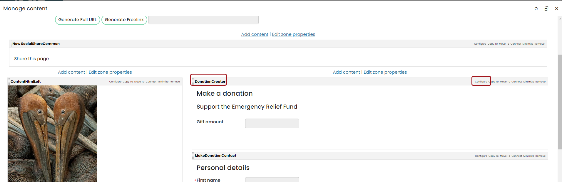 Selecting configure on the donation creator content item