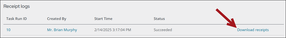Receipt logs with arrow pointing to download receipts link