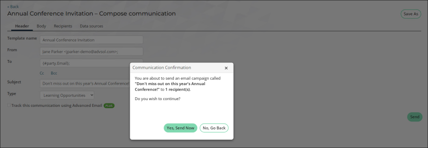 Confirming you want to send the communication from the Communication Confirmation window