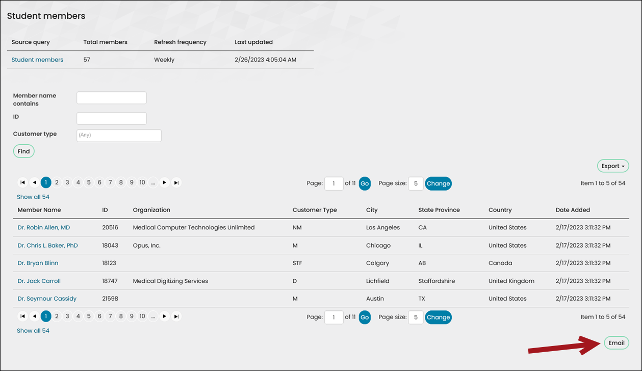 Clicking the Email button below a query-based contact list in a content record.