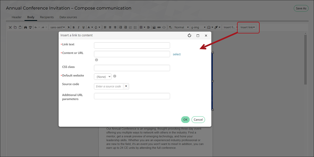 Selecting Content or URL from the Insert link drop-down opens the a window for defining a link to content, with input fields such as Link text and CSS class.