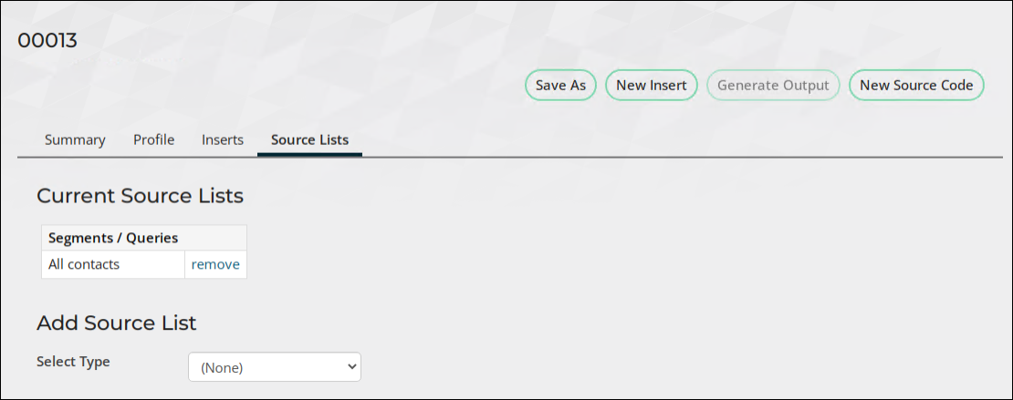 The Source lists tab of the source code displays the source list added in step nine.