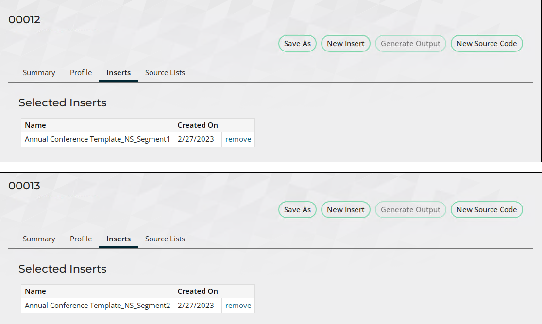 The Inserts tab of the 00012 source code displays the "Annual Conference Template_NS_Segment1" insert. The Inserts tab of the 00013 source code displays the "Annual Conference Template_NS_Segment2" insert.