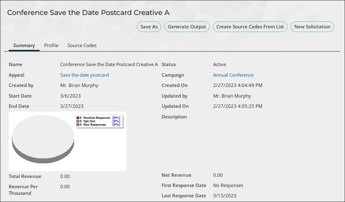 The Summary tab of the "Conference Save the Date Postcard Creative A" solicitation displays the details defined in step five.