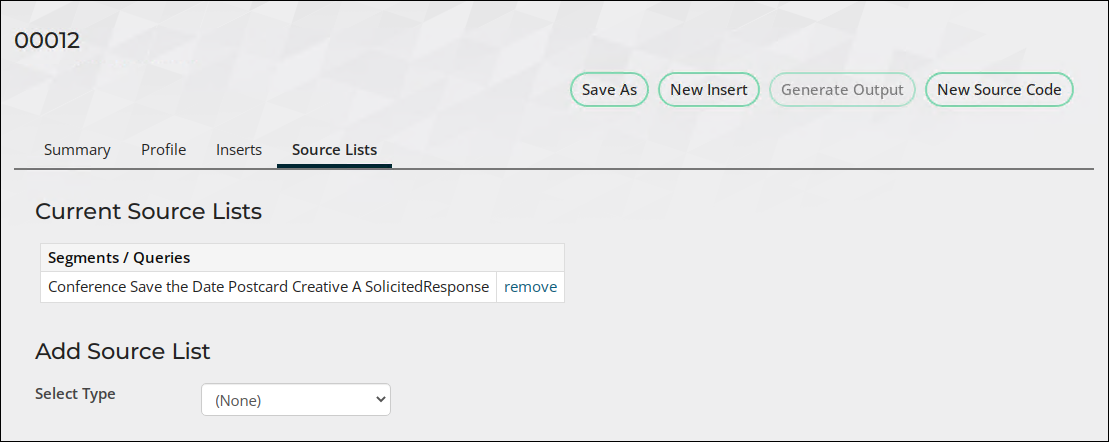 The Source lists tab of the source code displays the source list defined in step nine.