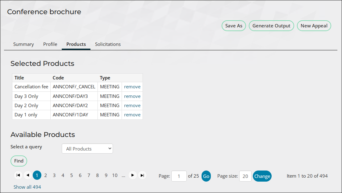 The Products tab of the "Campaign brochure" appeal displays the products added in step three.