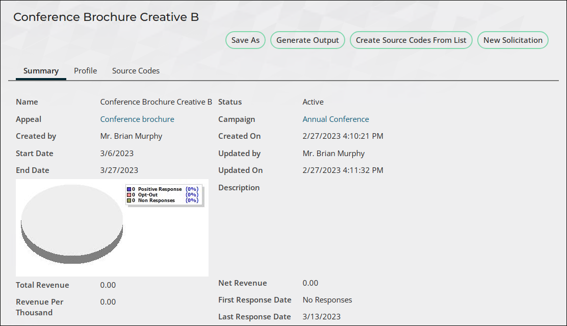 The summary tab of the "Conference Brochure Creative B" solicitation displays the details defined in step five.