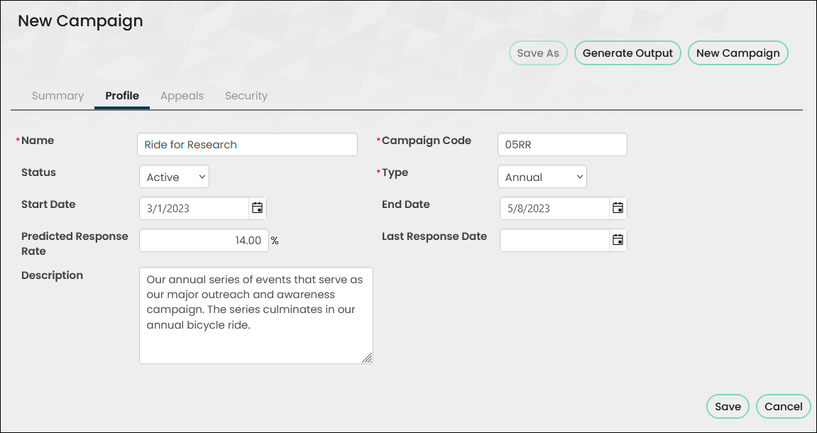 The input fields on the Profile tab of the New Campaign contain the details defined in step three.