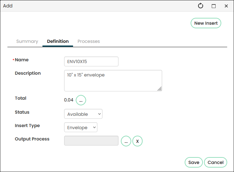 The Definition tab of the new insert contains the details listed in step 10.  