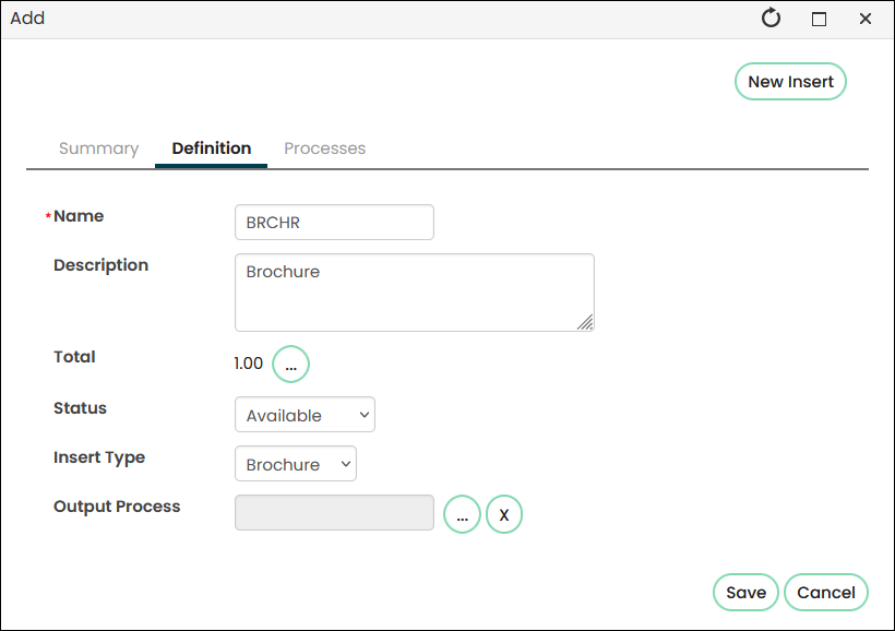 The Definition tab of the new insert contains the details listed in step 12.