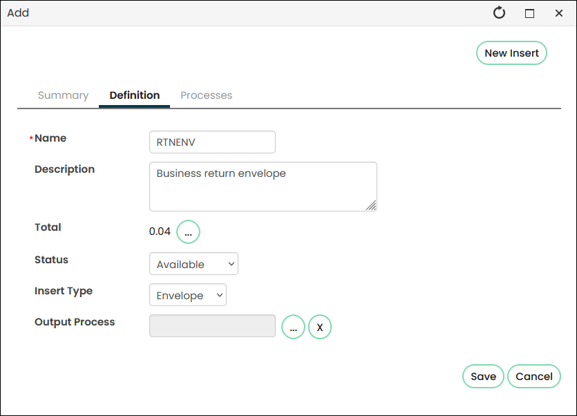 The Definition tab of the new insert contains the details listed in step 14.