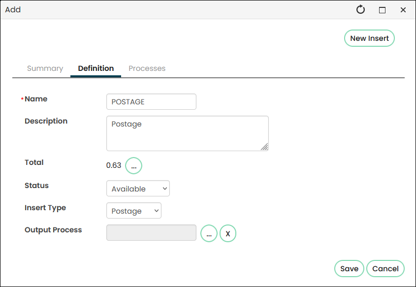 The Definition tab of the new insert contains the details listed in step 16.