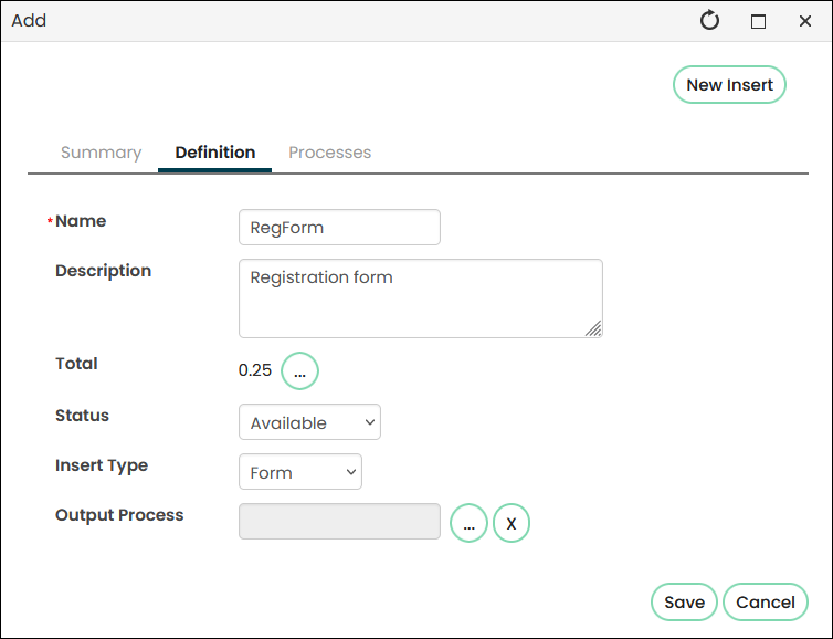 The Definition tab of the new insert contains the details listed in step 18.