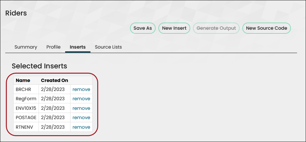 The Inserts tab for the Riders source code displays each insert listed in step 20.