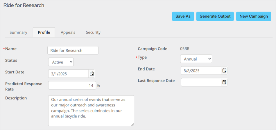 The input fields on the Profile tab of the New Campaign contain the details defined in step three.