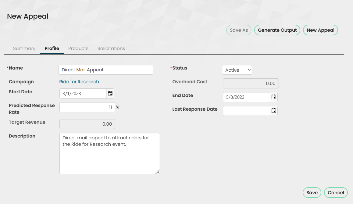 The input fields on the Profile tab of the new appeal contain the details defined in step five.