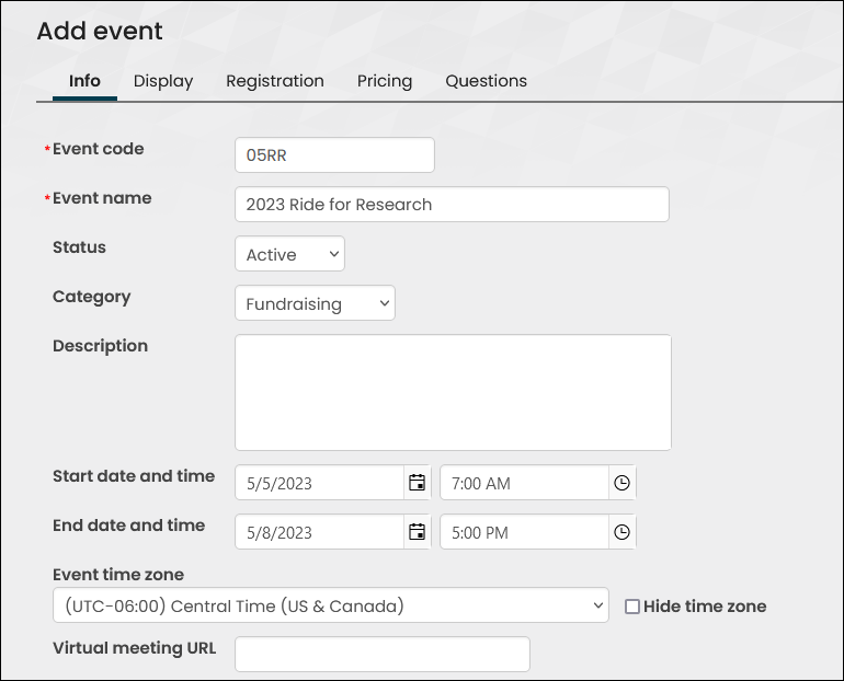 The Info tab for the new event contains fields for the event code, name, status, category, description, and timing.