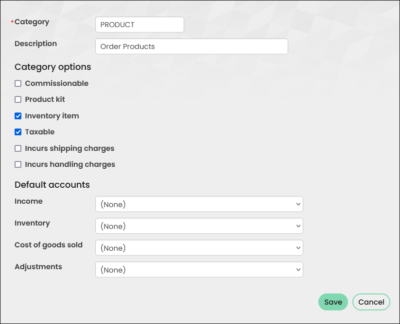 The fields for adding a  new product category contain the details defined in step two.