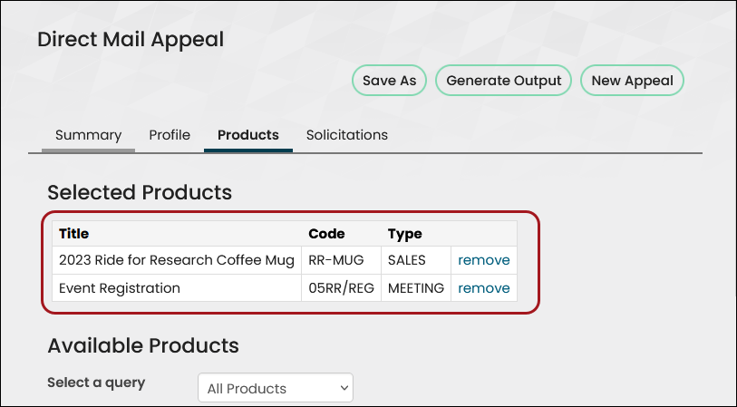 The Products tab for the Direct Mail Appeal displays the Ride for research Coffee mug and Event registration products.