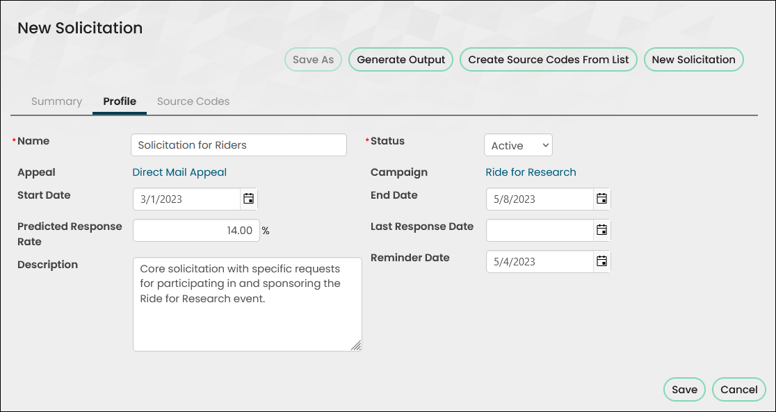 The Profile tab of the new solicitation contains the details listed in step six.