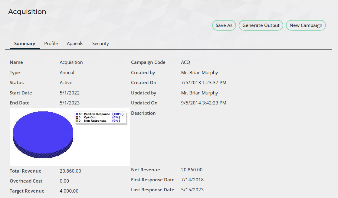 The Summary tab of the example Acquisition campaign displays varius details such as the type, status, code, and start/end dates.