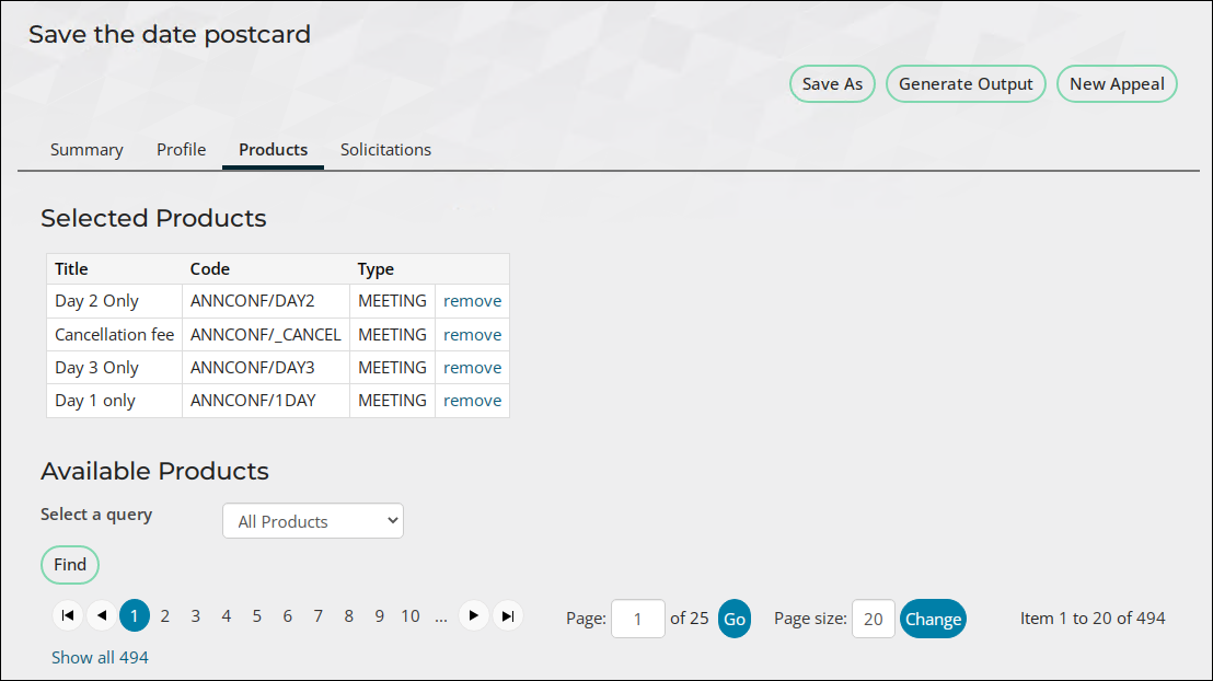 The Products tab of an example appeal displays a table of all Selected Products.