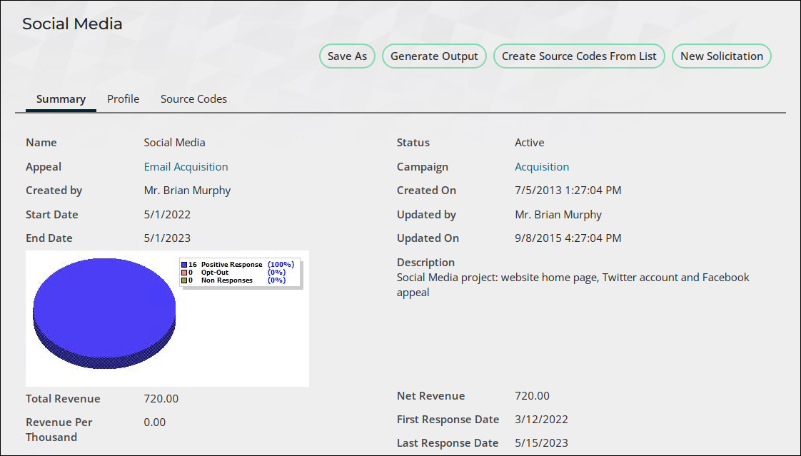 The Summary tab of the Social Media solicitation displays general details such as the name, status, and associated appeal